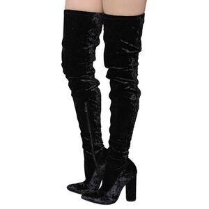 NWOT Cape Robbin Paw Crushed Velvet Thigh High Boots Block Heel Black